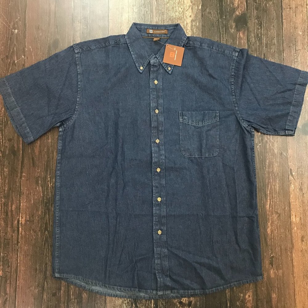 HARRITON Dark Denim Shirt Large S/S Button Front Chest Pocket NWT